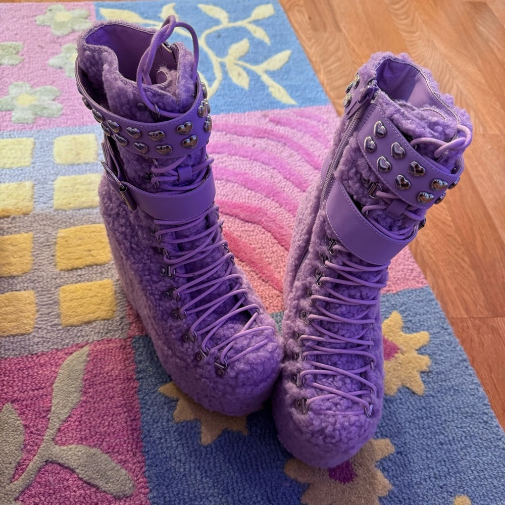 sugar thrillz light purple sherpa wedge platform boots
